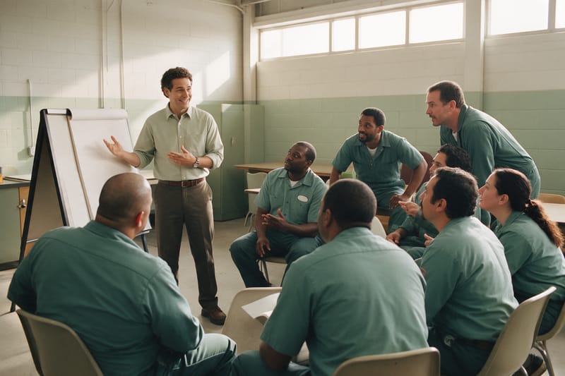 An enrollment meeting in a warehouse break room, with employees asking questions.