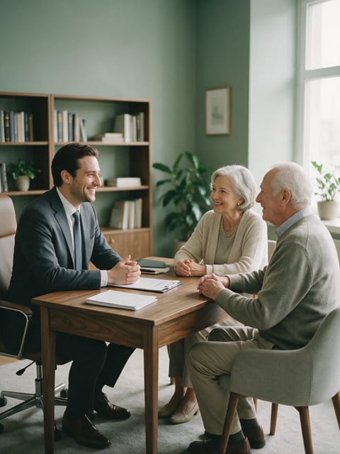 A financial advisor talking with a retired couple across a desk.