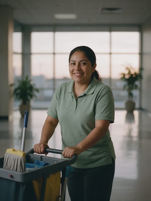 A janitorial worker with a cleaning cart in an empty office lobby at dusk.