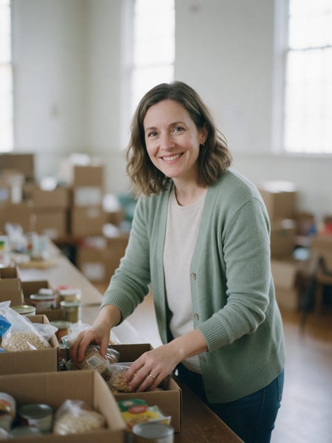 A nonprofit worker packing donated food into boxes in a community hall.