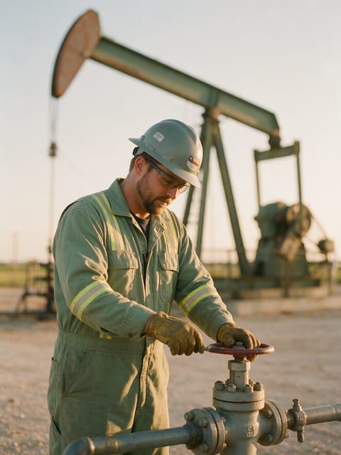 A field technician checking a valve at a well site at golden hour.