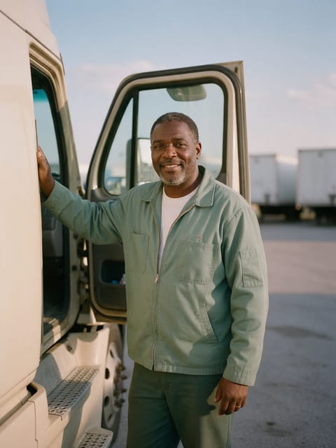 A truck driver beside the open door of his cab at a truck yard.