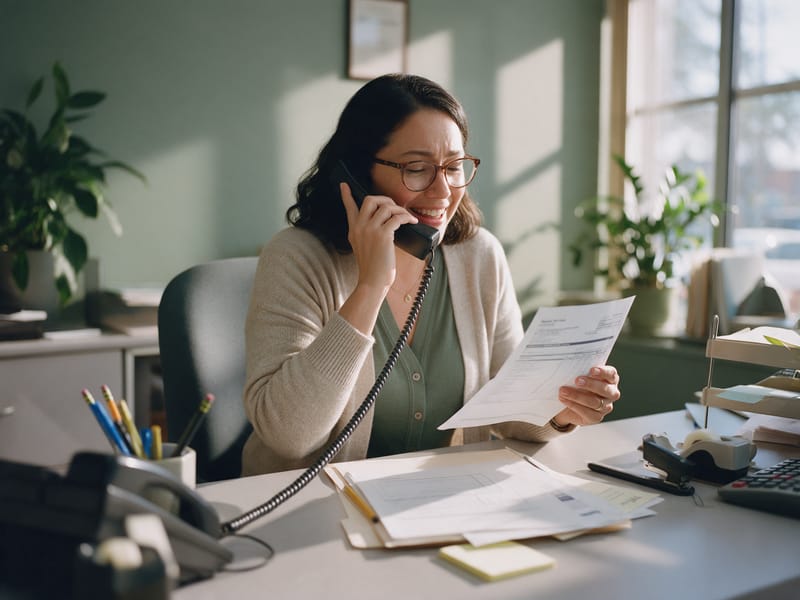An office manager on the phone at her desk, smiling, with a printed explanation of benefits in hand.