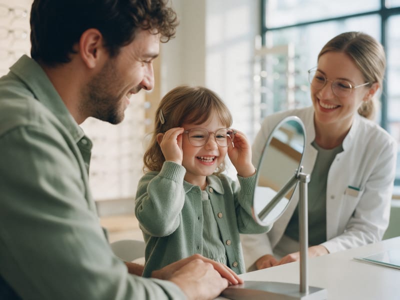 A father and his young daughter trying on glasses at an optician.